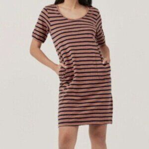 Pact Women's Size XL Harvest Striped Avery Blue Orange Cotton T-Shirt Dress